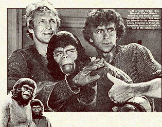 (Left to right) Virdon (Ron Harper), Galen (Roddy McDowall) and Burke (James Naughton). Inset: Two more ape friends for the astronauts: Lonny Chapman as Polar and Jacqueline Scott as his wife in one of the episodes.